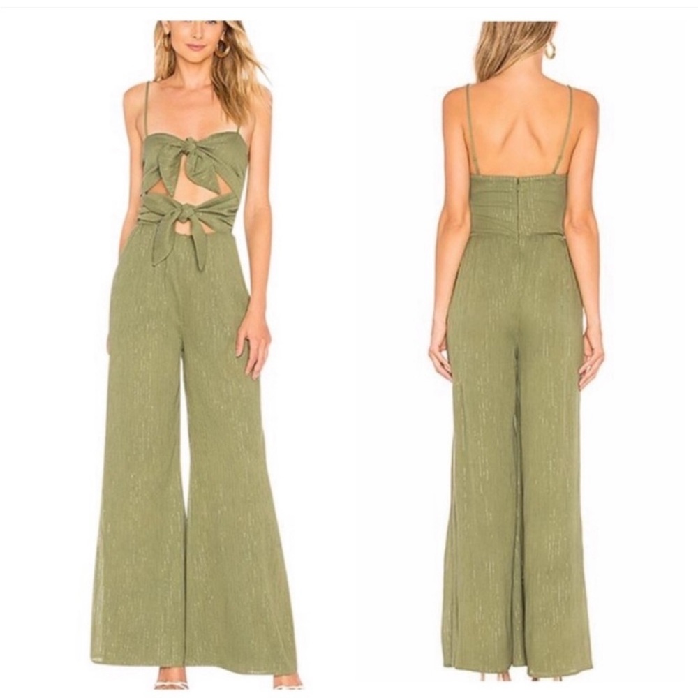 Majorelle Kory Jumpsuit in Green Cut-Out Tie Front Wide Leg Revolve